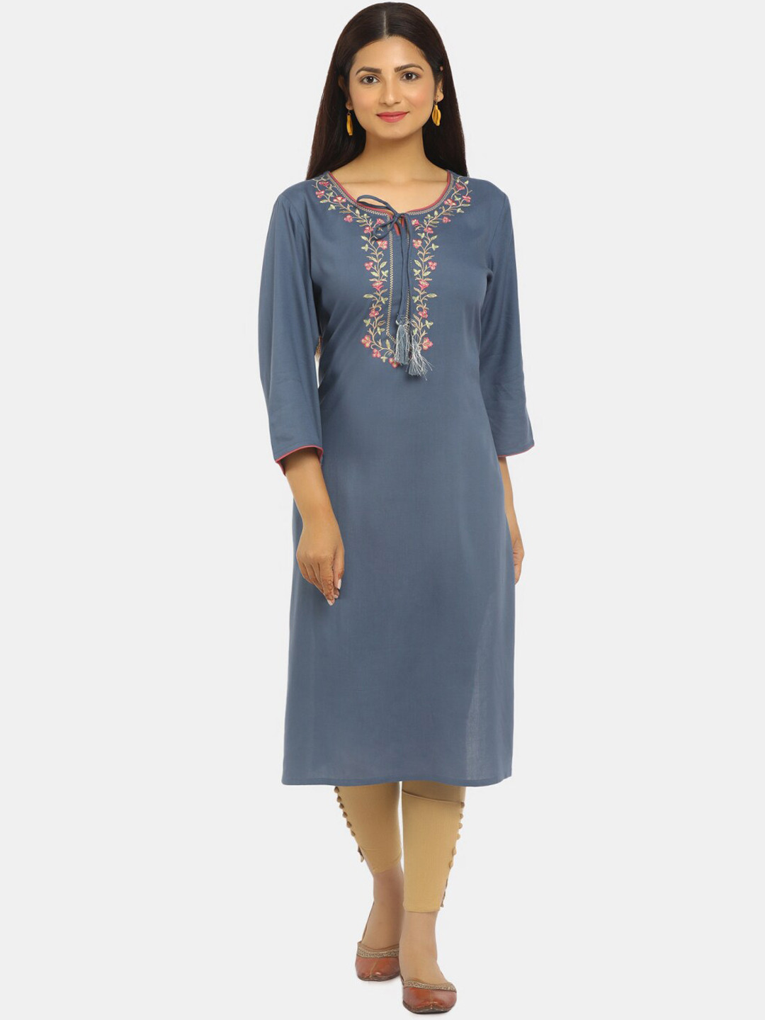 

Karigari Women Blue Yoke Design Thread Work Pastels Kurta