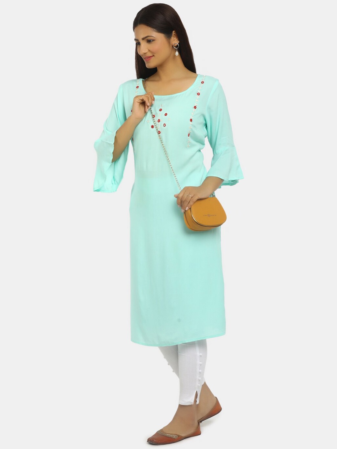 

Karigari Women Blue Yoke Design Bell Sleeves Thread Work Kurta