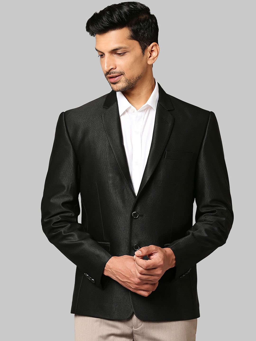 

Park Avenue Men Black Solid Pure Cotton Single-Breasted Formal Blazers