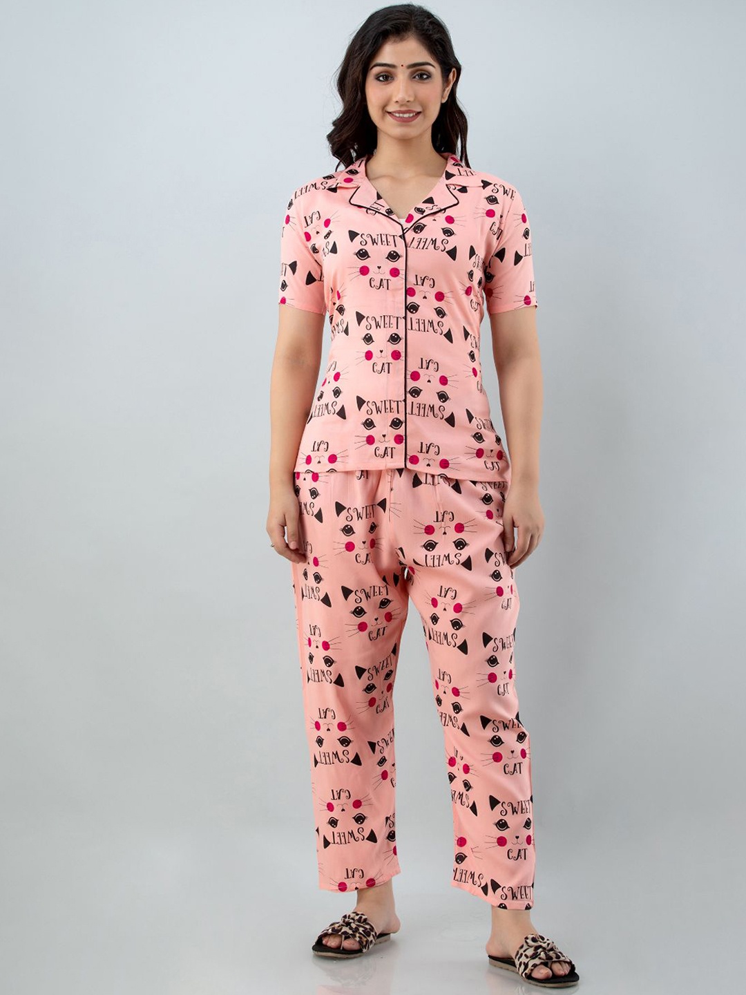 

Lovista Women Pink & Black Printed Night suit