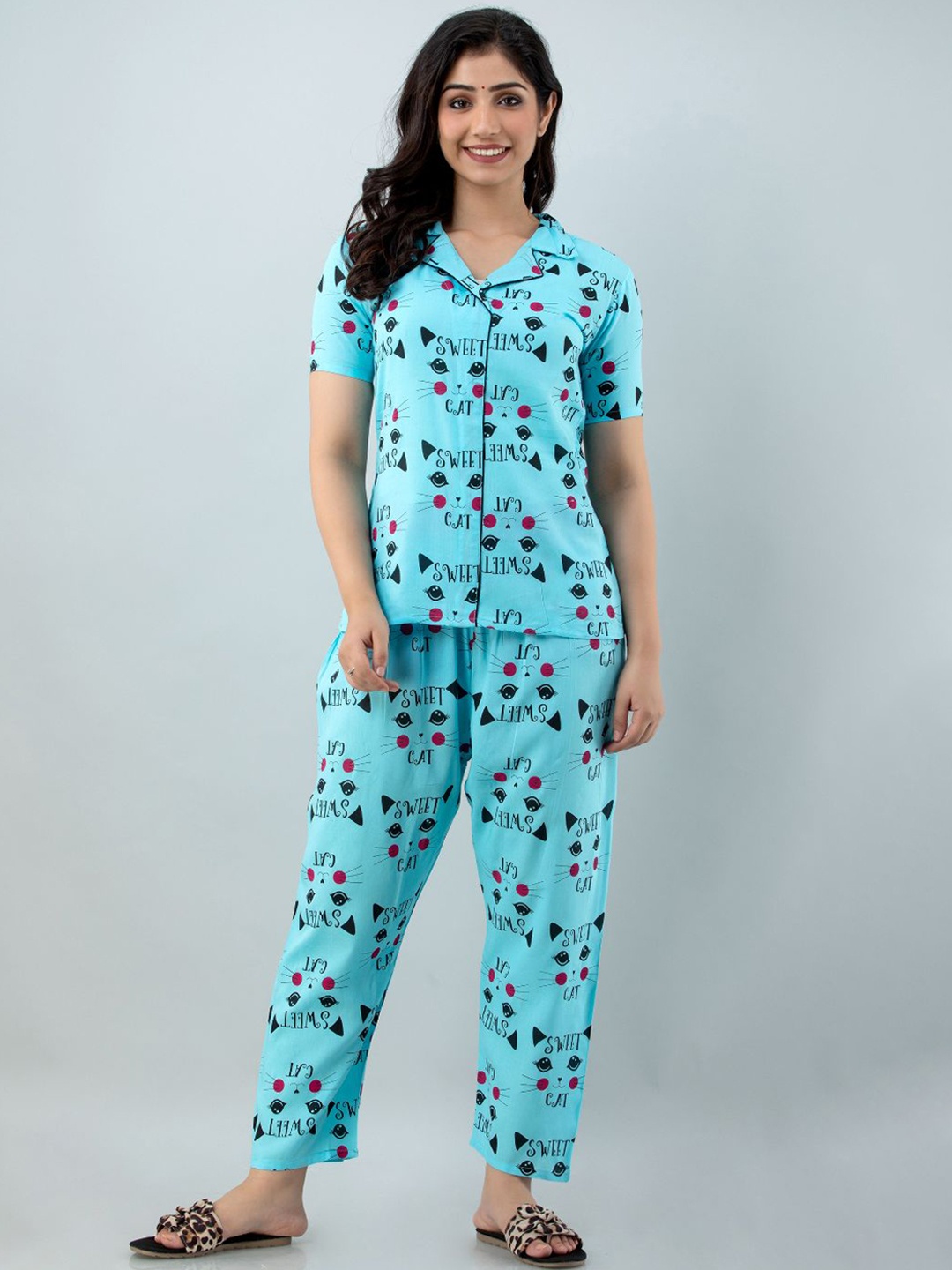 

Lovista Women Blue & Pink Printed Night suit