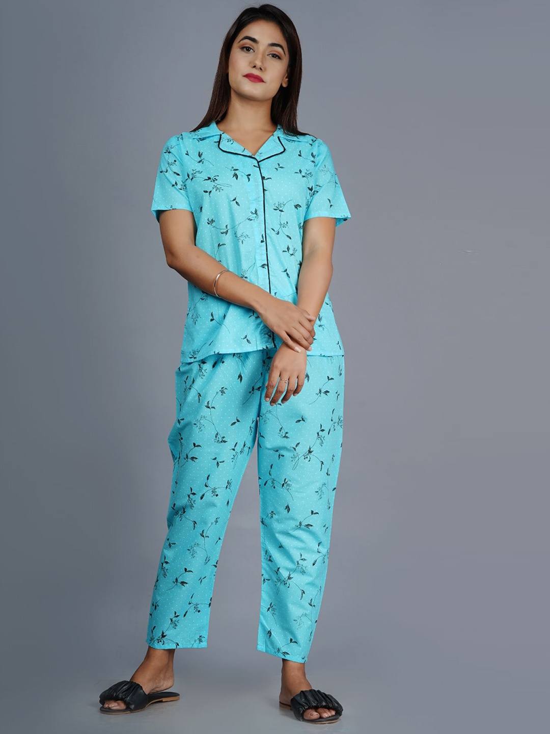 

Lovista Women Blue & Grey Printed Rayon Night suit
