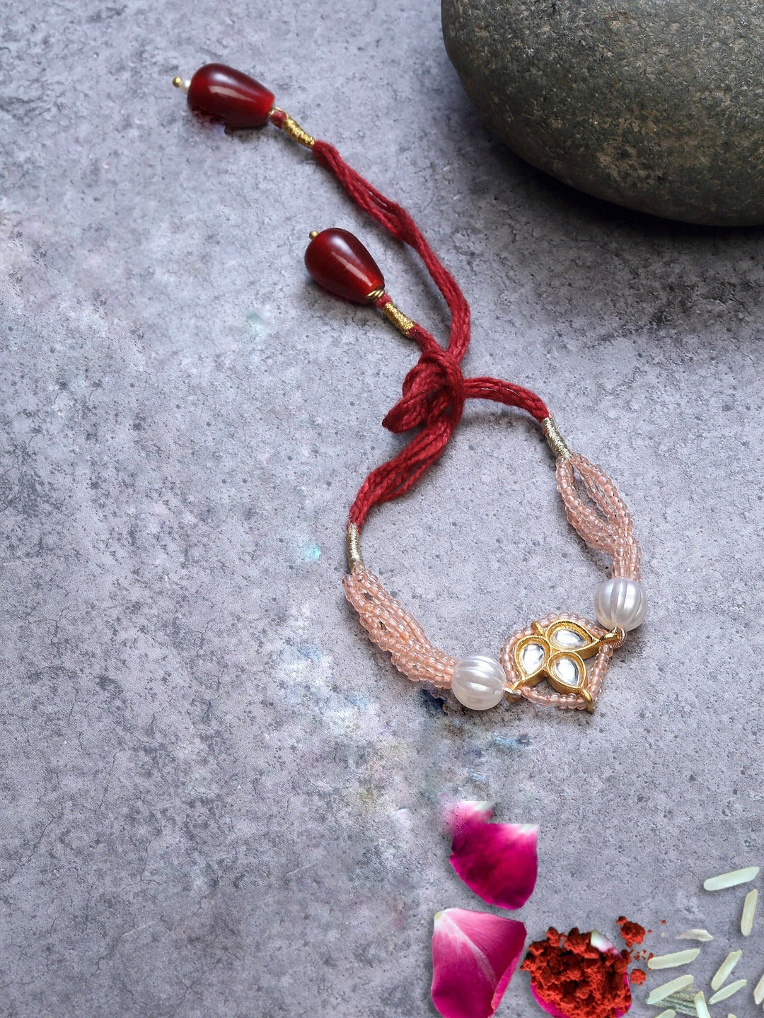

DUGRISTYLE Red & Peach Kundan Studded Thread Rakhi With Roli Chawal