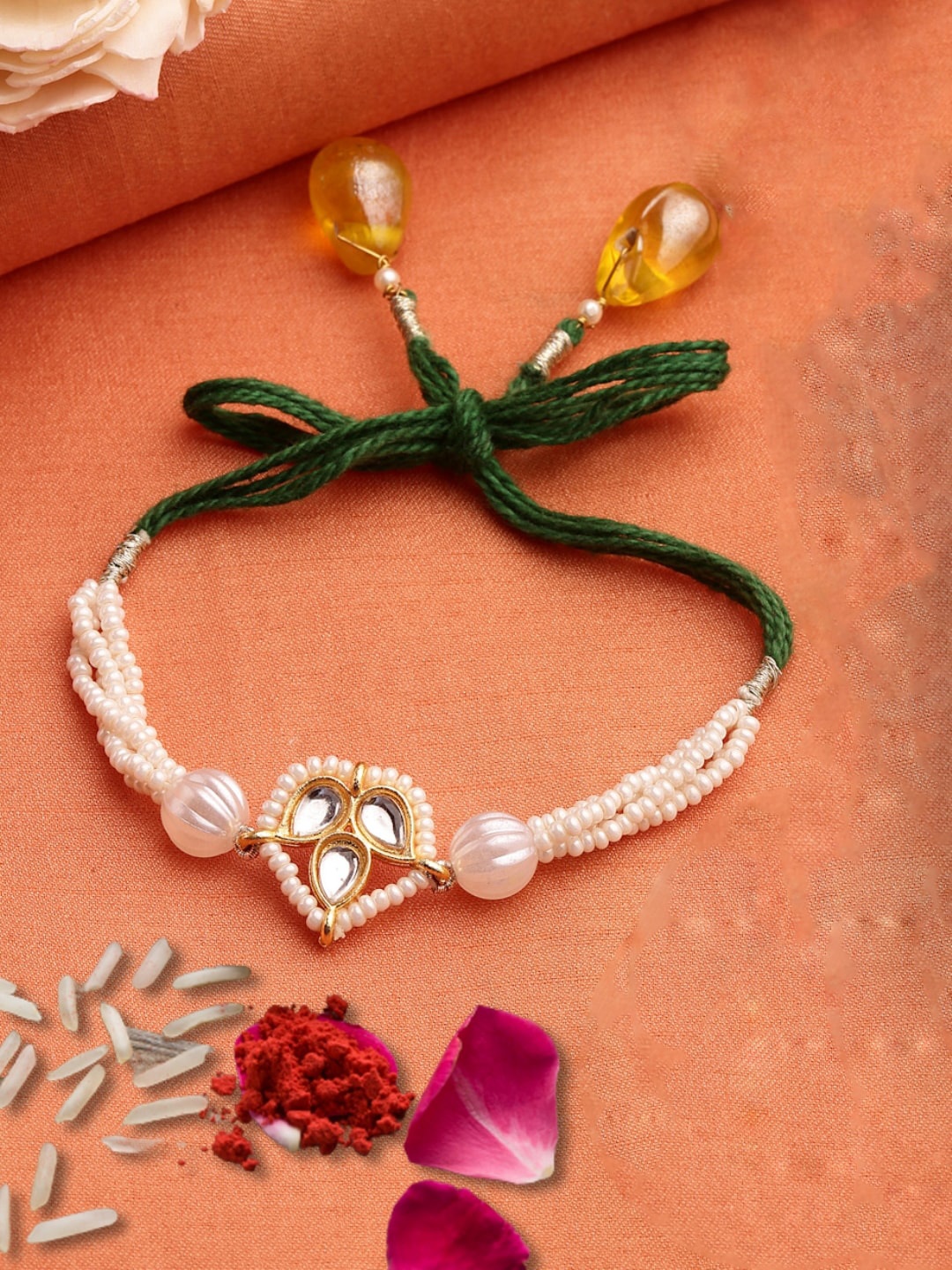 

DUGRISTYLE Gold-Plated Green & White Kundan-Studded With Roli & Chawal