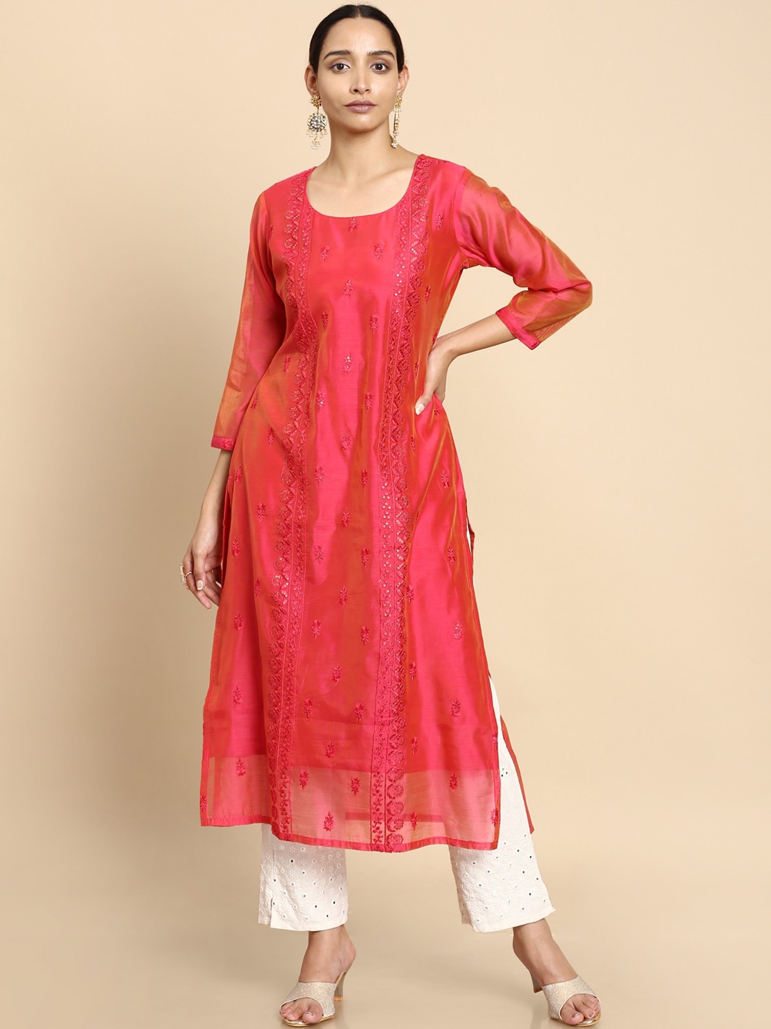 

Soch Women Fuchsia Ethnic Motifs Embroidered Chikankari Chanderi Silk Kurta