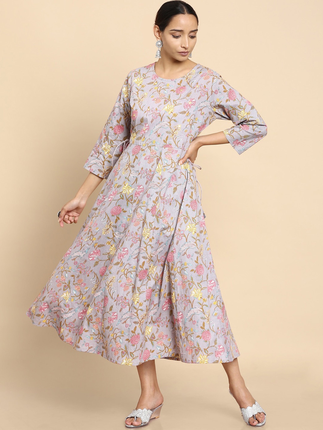 Soch Women Grey & Pink Floral Printed Pure Cotton Anarkali Kurta