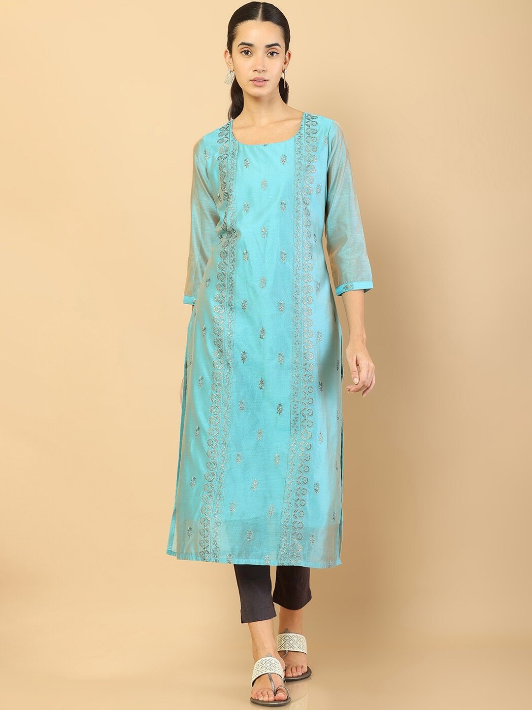 

Soch Women Blue Floral Embroidered Chanderi Silk Kurta