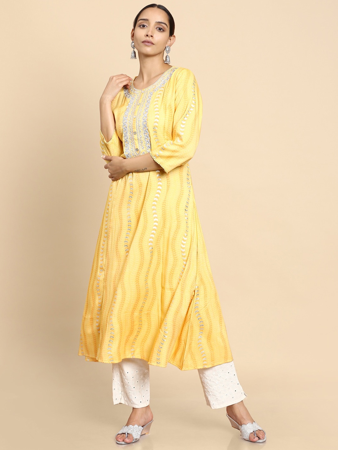 

Soch Women Yellow Yoke Design Thread Work Anarkali Kurta