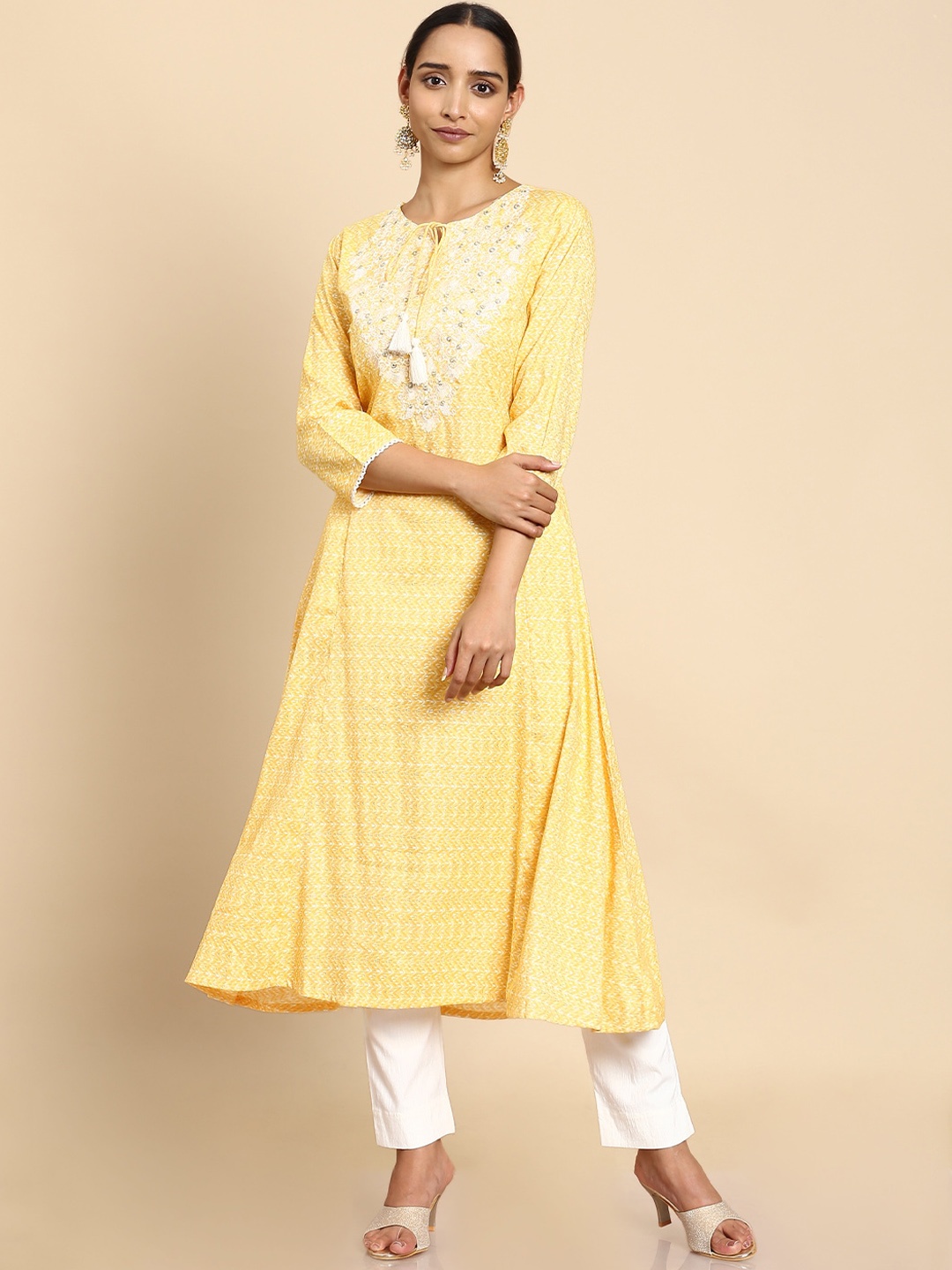 

Soch Women Yellow Yoke Design Keyhole Neck Flared Sleeves Anarkali Kurta