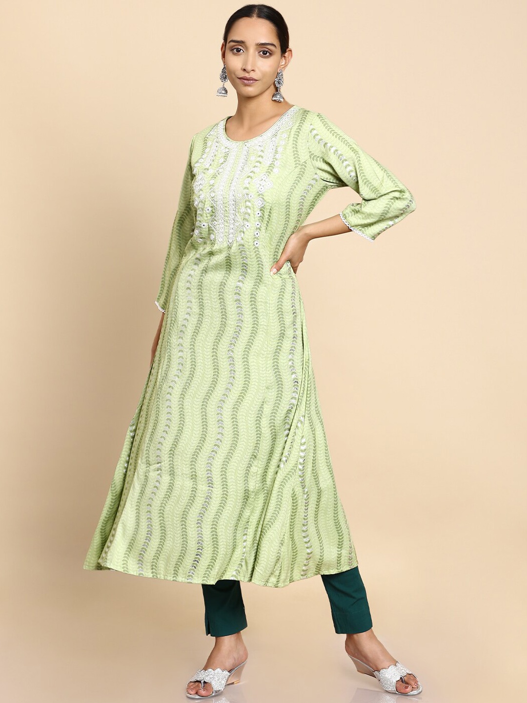 

Soch Women Green Printed Flared Sleeves Chikankari Anarkali Kurta