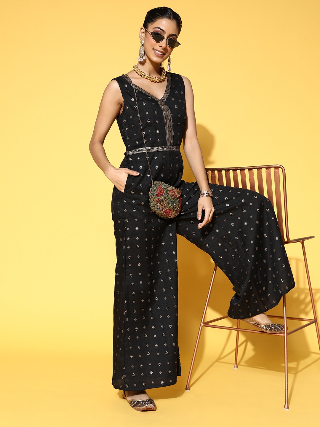 

HERE&NOW Black & Golden Ethnic Motifs Printed Flared Ethnic Jumpsuit