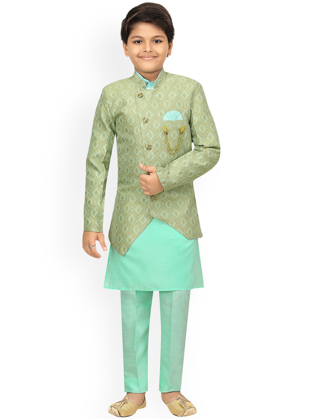 

ahhaaaa Boys Green Printed Sherwani With Pants