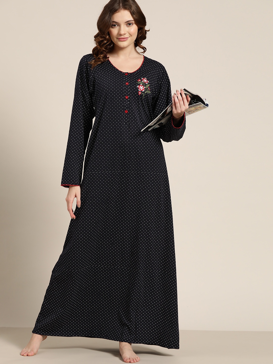 

Sweet Dreams Navy Blue Polka Dots Printed Floral Embroidered Pure Cotton Maxi Nightdress