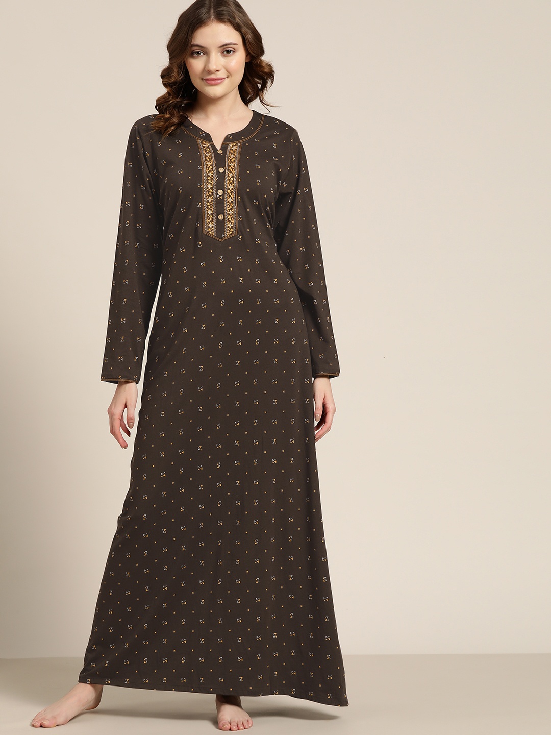 

Sweet Dreams Brown Geometric Printed Floral Embroidered Pure Cotton Maxi Nightdress