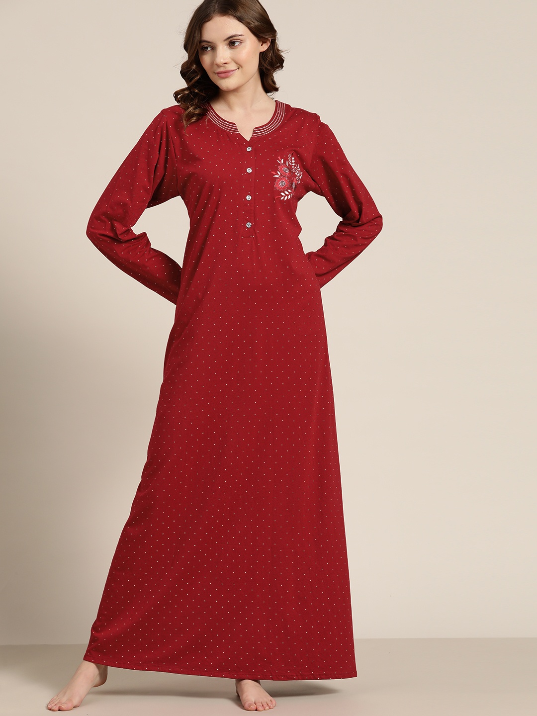 

Sweet Dreams Maroon Polka Print Embroidered Detail Pure Cotton Maxi Nightdress