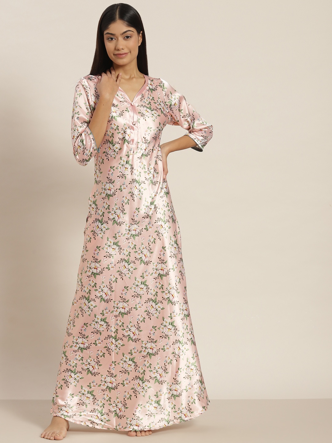 

Sweet Dreams Peach-Coloured Floral Printed Maxi Nightdress