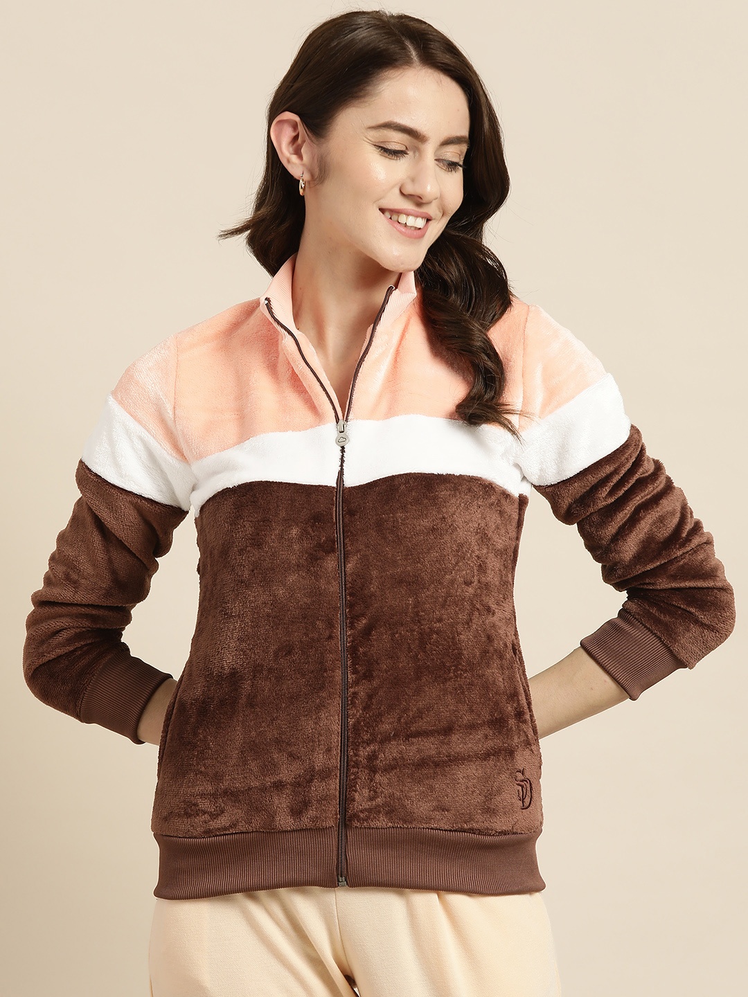 

Sweet Dreams Women Coffee Brown & Peach Colourblocked Fleece Sweatshirt