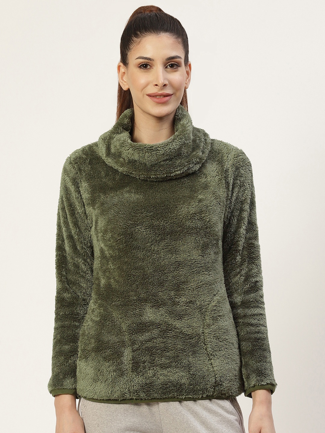 

Sweet Dreams Women Olive Green Solid Turtle Neck Faux Fur Sweatshirt