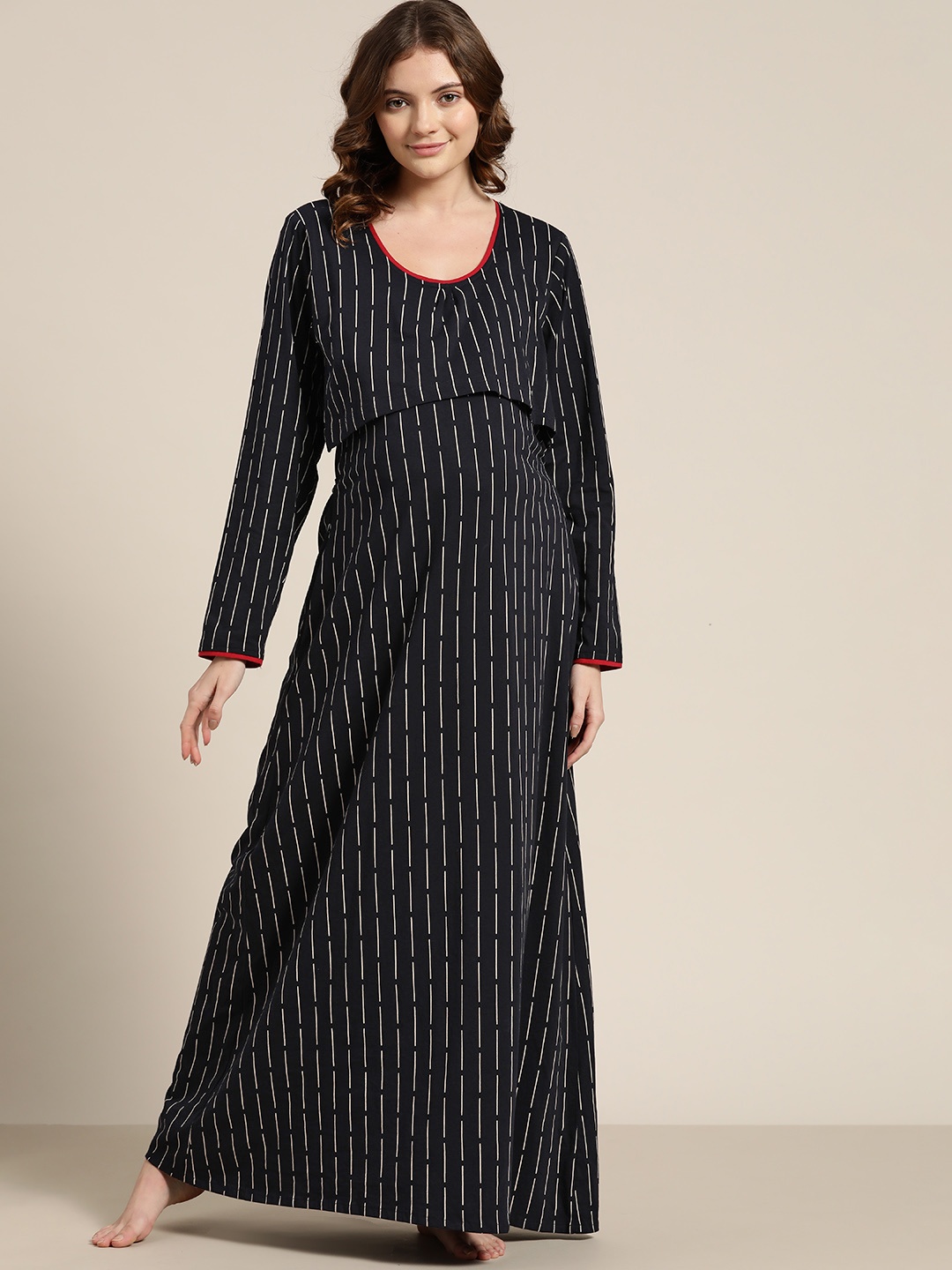 

Sweet Dreams Navy Blue Striped Pure Cotton Maxi Maternity Nightdress