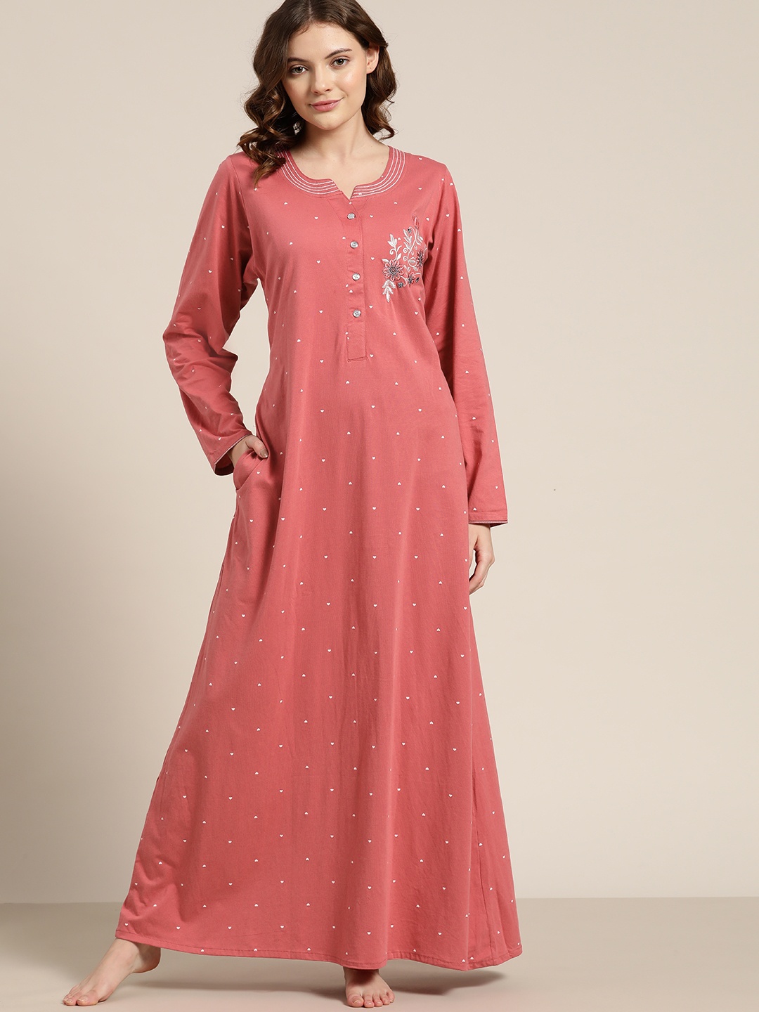 

Sweet Dreams Dusty Rose Pink Heart Print Embroidered Detail Pure Cotton Maxi Nightdress