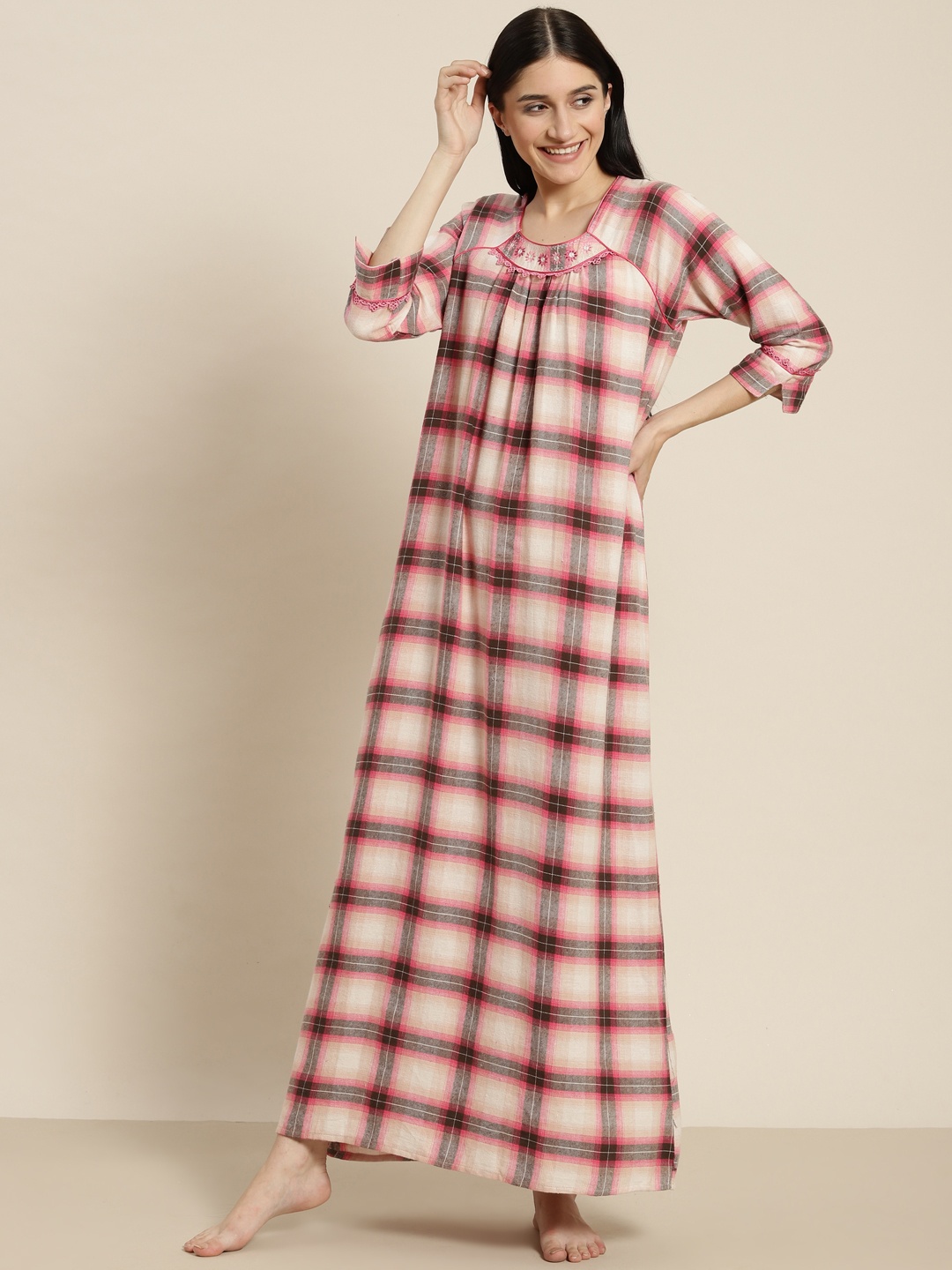 

Sweet Dreams Cream-Coloured & Pink Pure Cotton Checked Maxi Nightdress