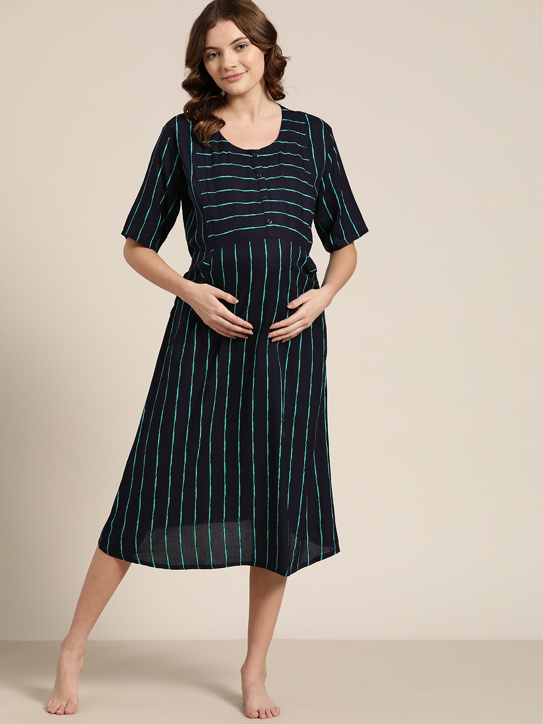 

Sweet Dreams Navy Blue & Green Striped Maternity Nightdress