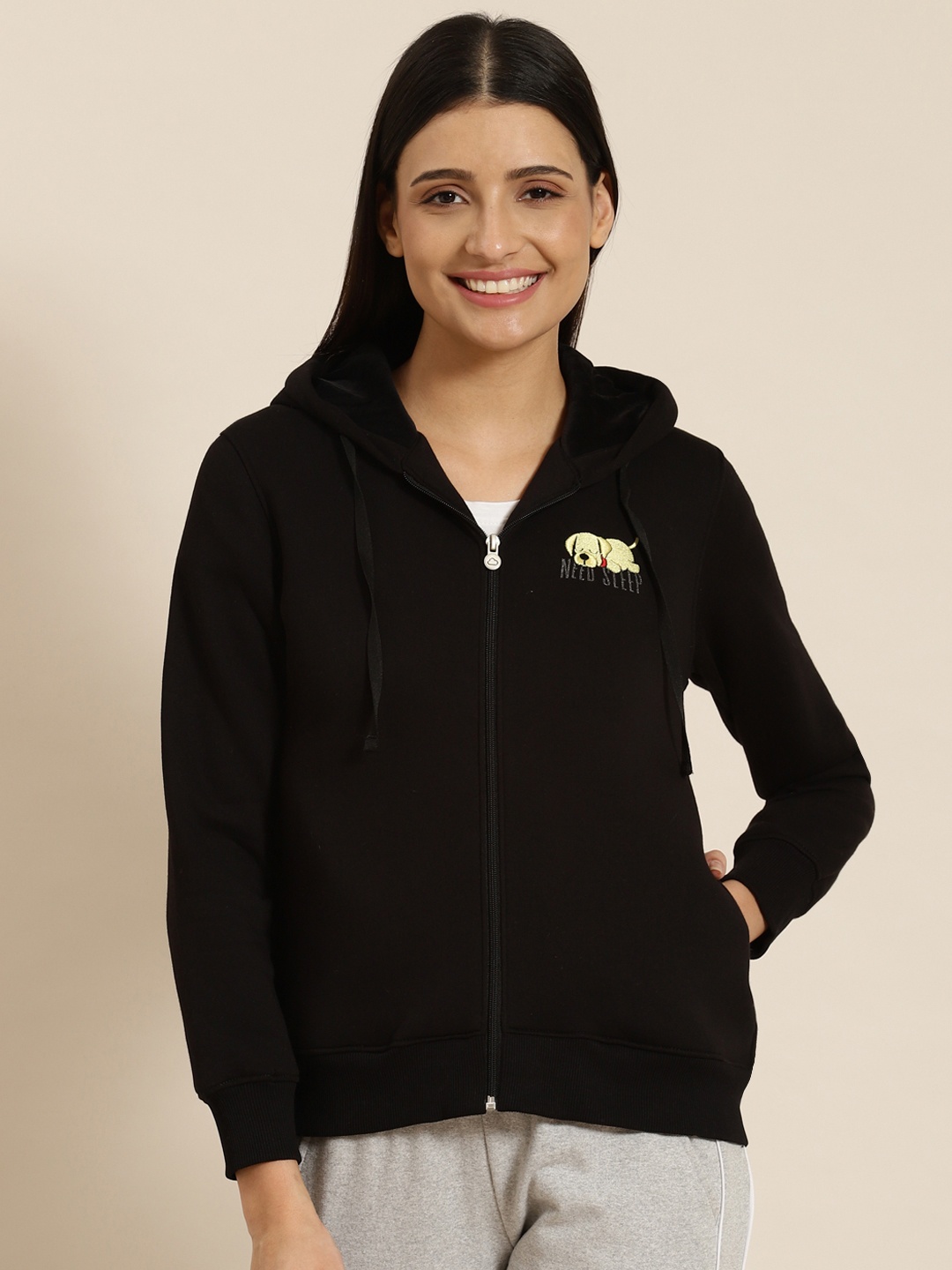 

Sweet Dreams Women Black Front-Open Hooded Sweatshirt
