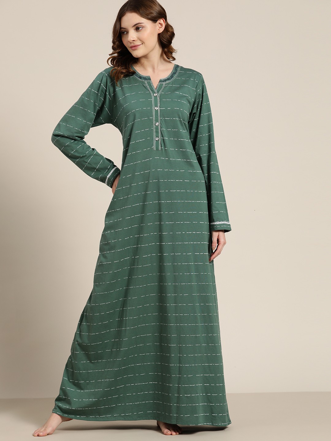 

Sweet Dreams Green & White Striped Pure Cotton Maternity Maxi Nightdress