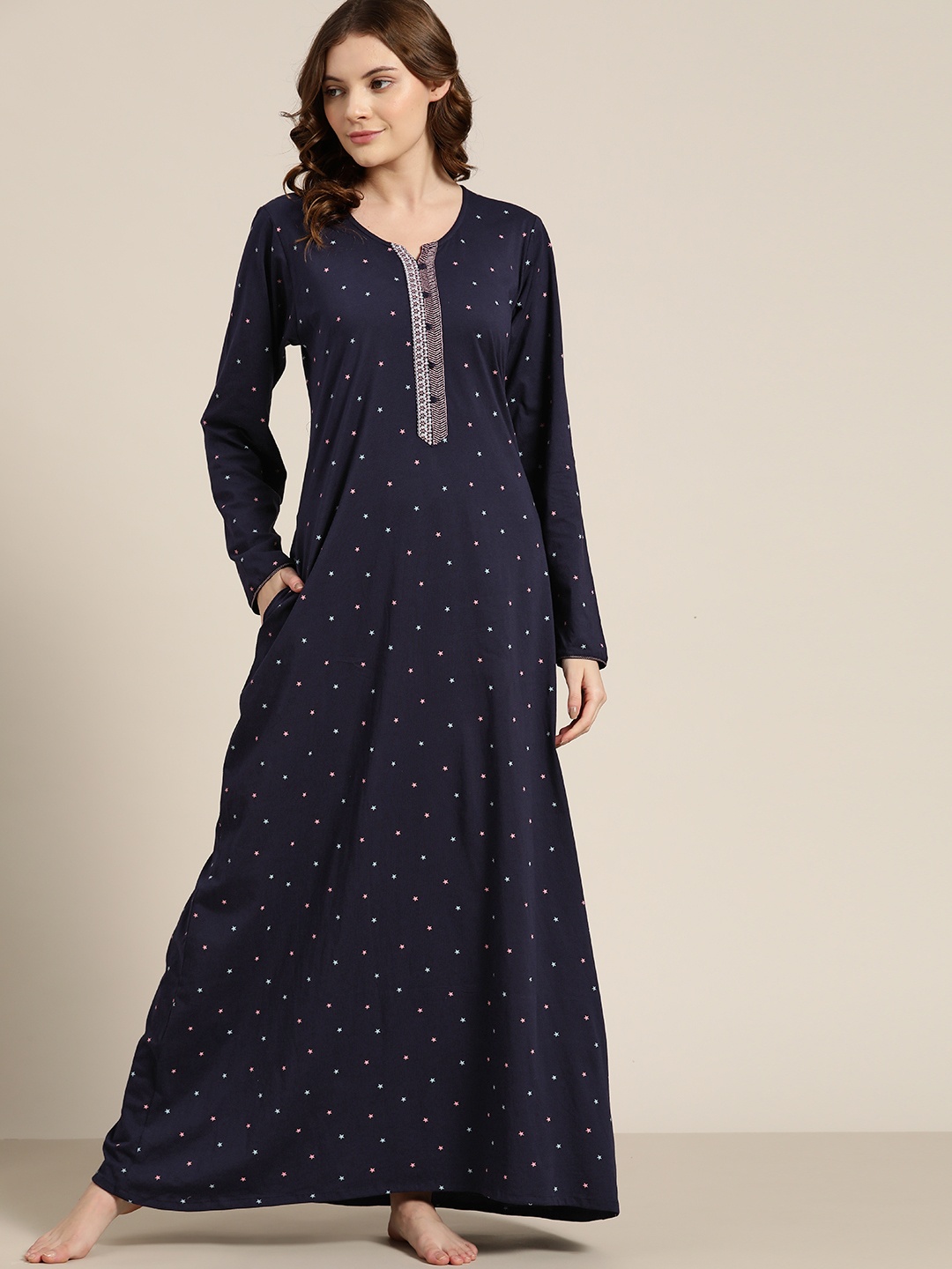 

Sweet Dreams Navy Blue & Pink Star Print Pure Cotton Maxi Nightdress