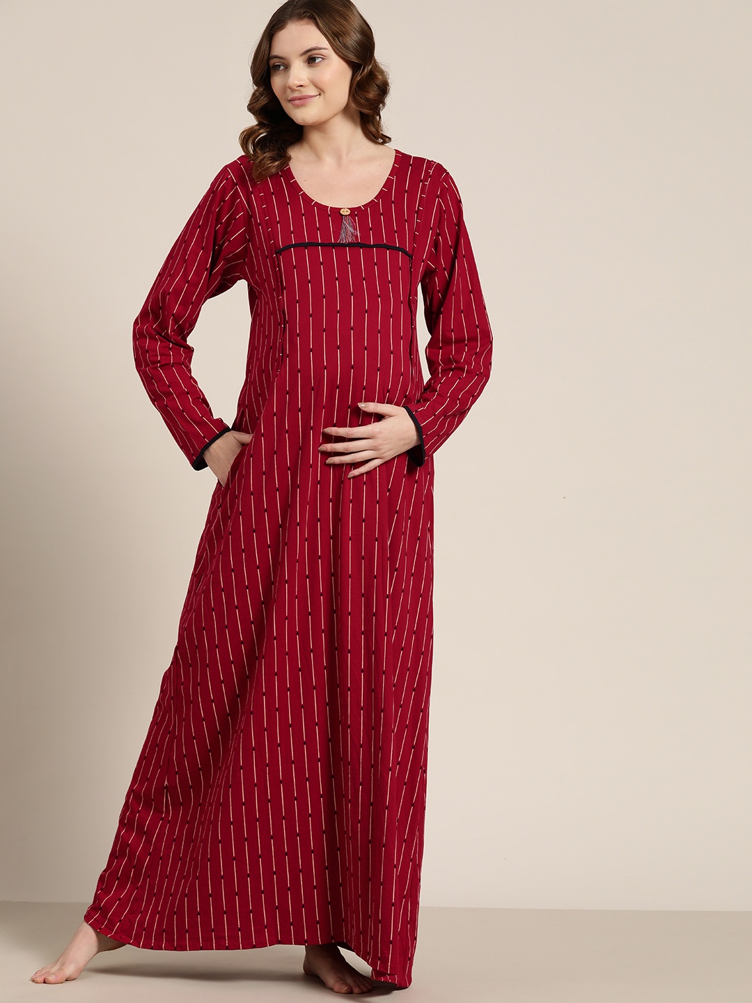 

Sweet Dreams Maroon Striped Maxi Feeding Maternity Nightdress