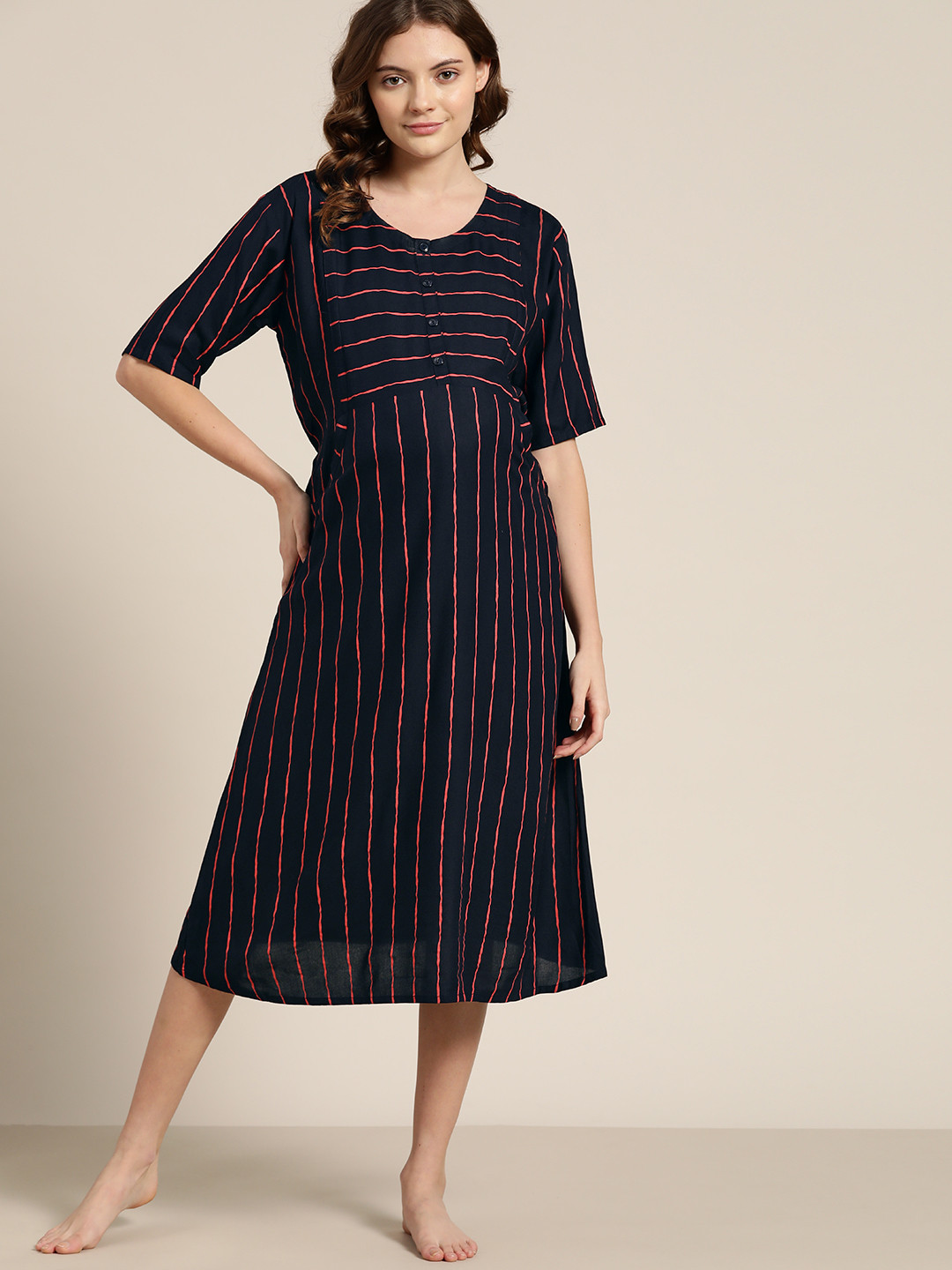 

Sweet Dreams Navy Blue & Coral Orange Striped Maternity Midi Nightdress