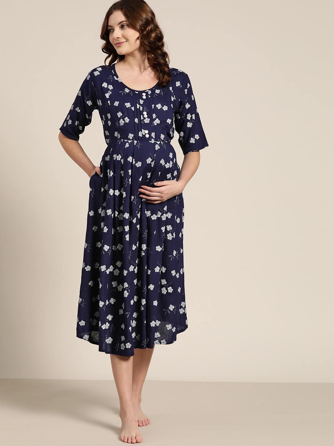 

Sweet Dreams Navy Blue Printed Maternity Nightdress