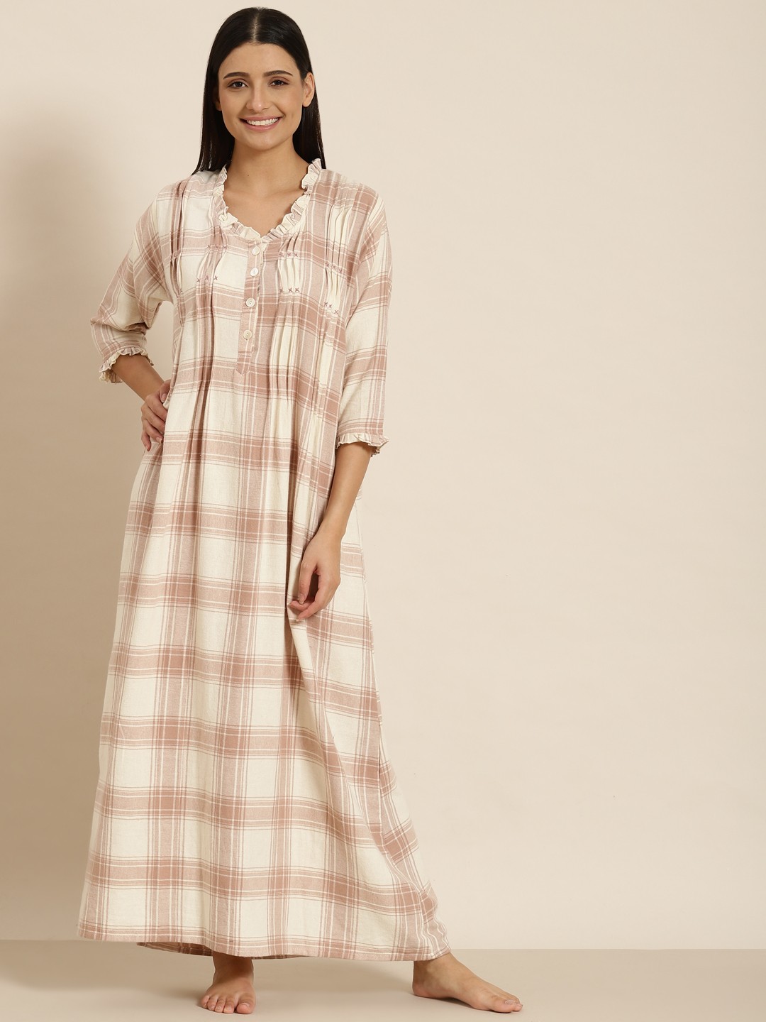 

Sweet Dreams Beige & Cream-Coloured Checked Pure Cotton Maxi Nightdress