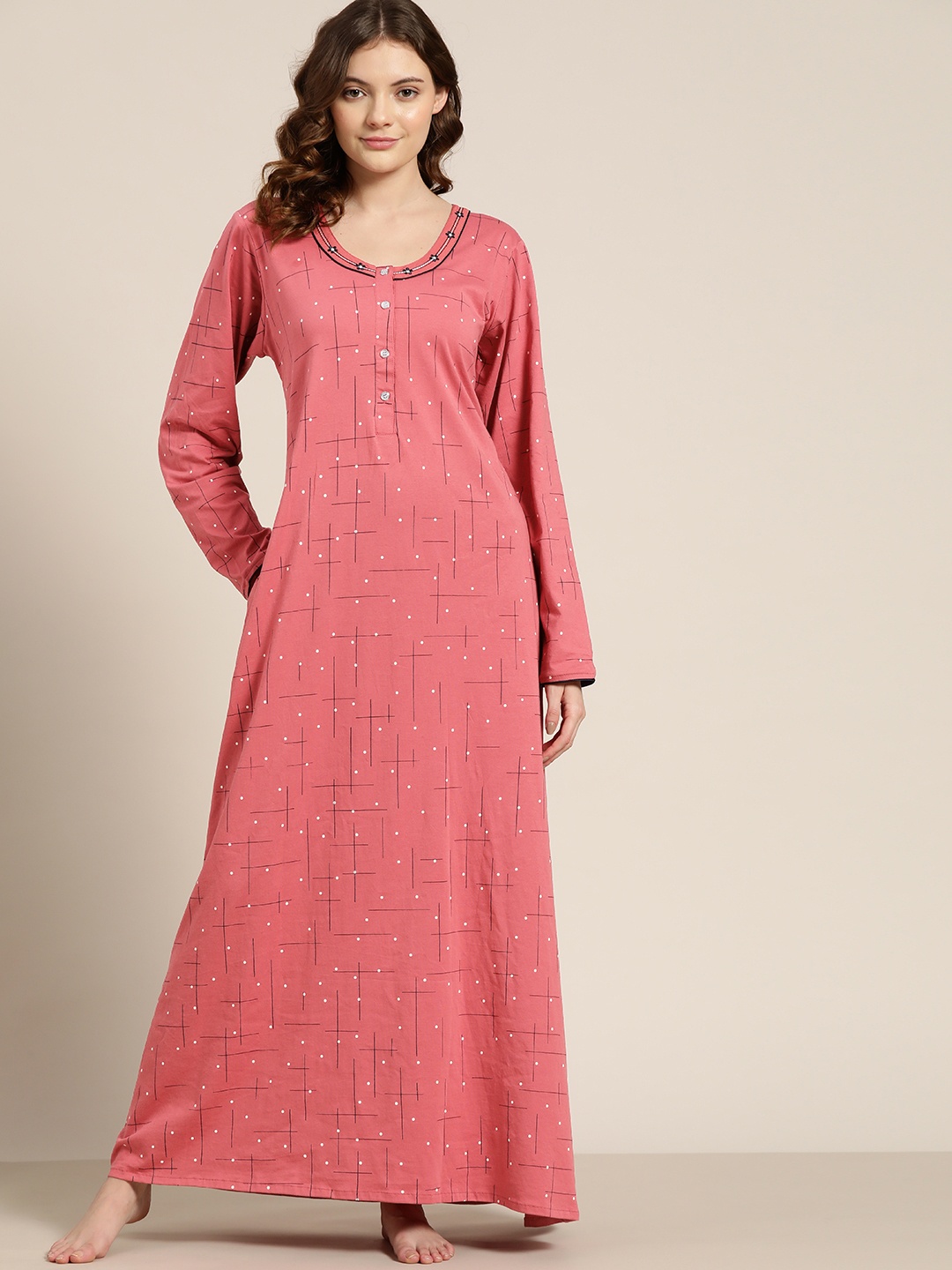 

Sweet Dreams Women Dusty Pink Printed Maxi Nightdress, Rose