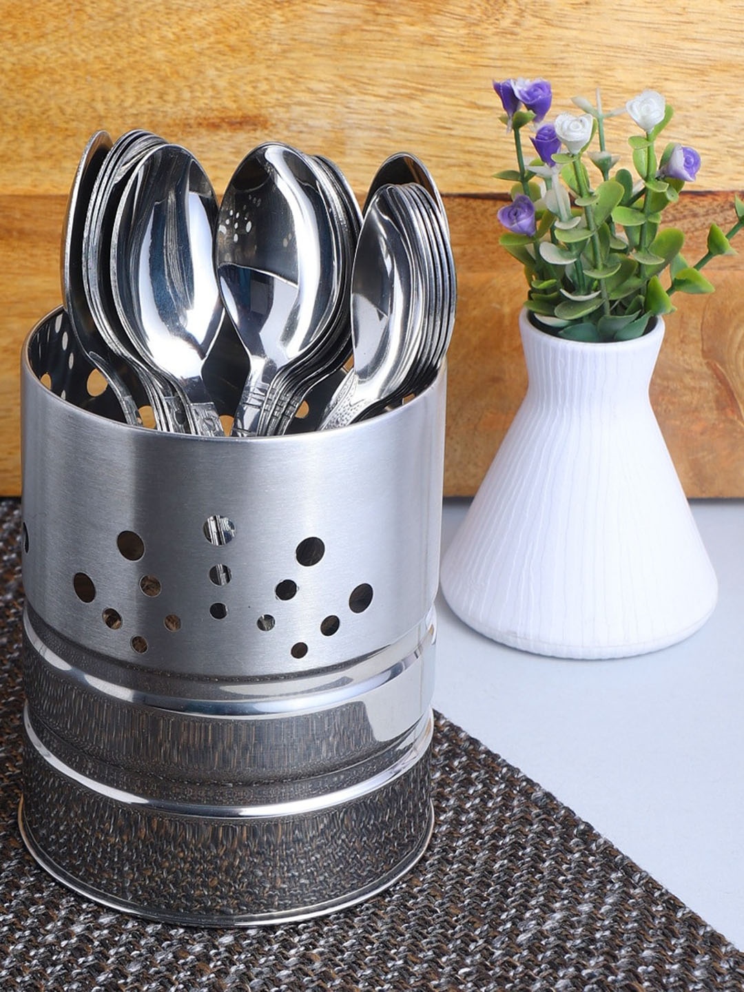 

ZEVORA Silver-toned 18 Stainless Steel Spoon Set With Cutlery Holder