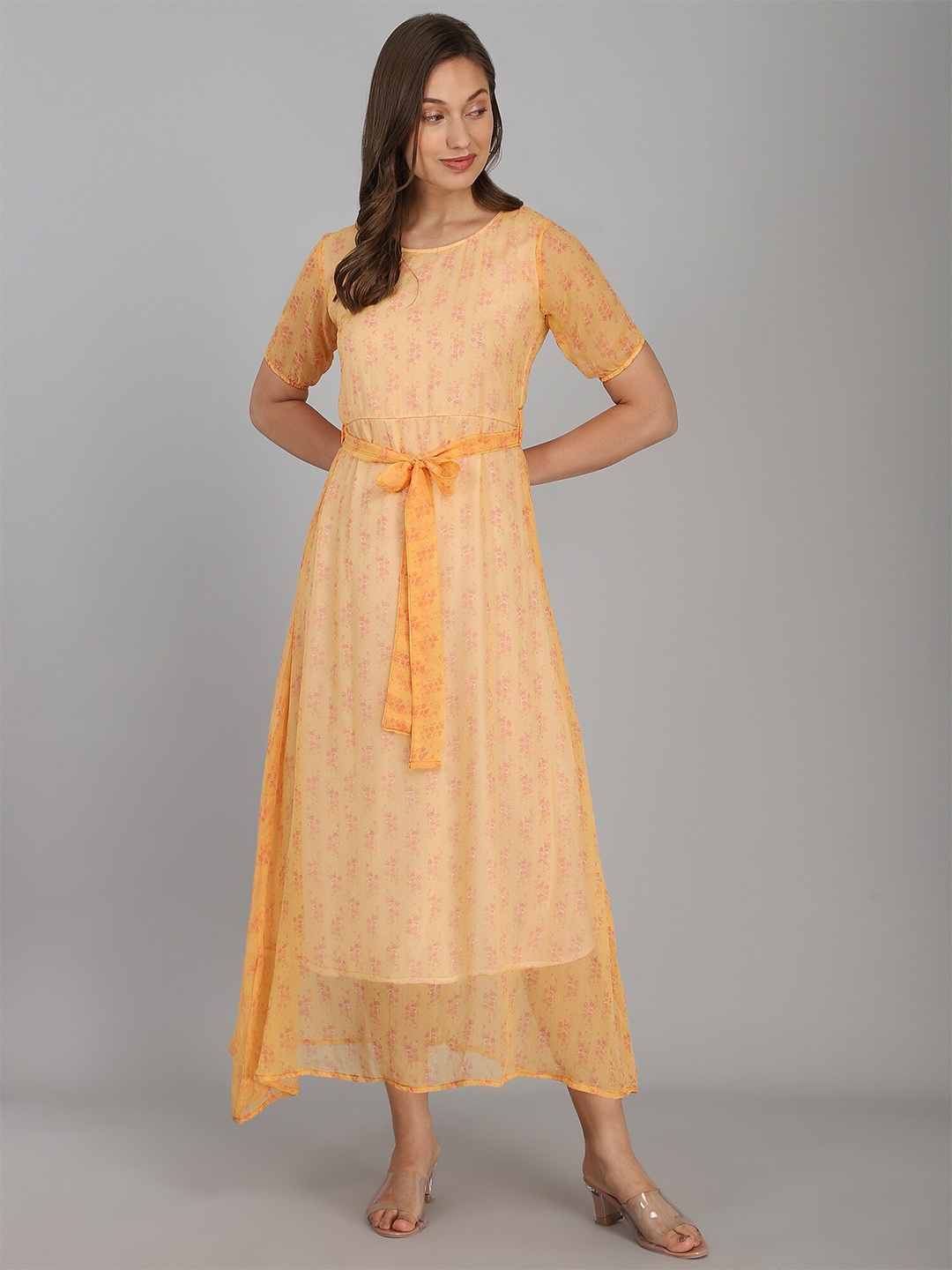 

Fashfun Women Yellow Ethnic Motifs Chiffon Maxi Dress
