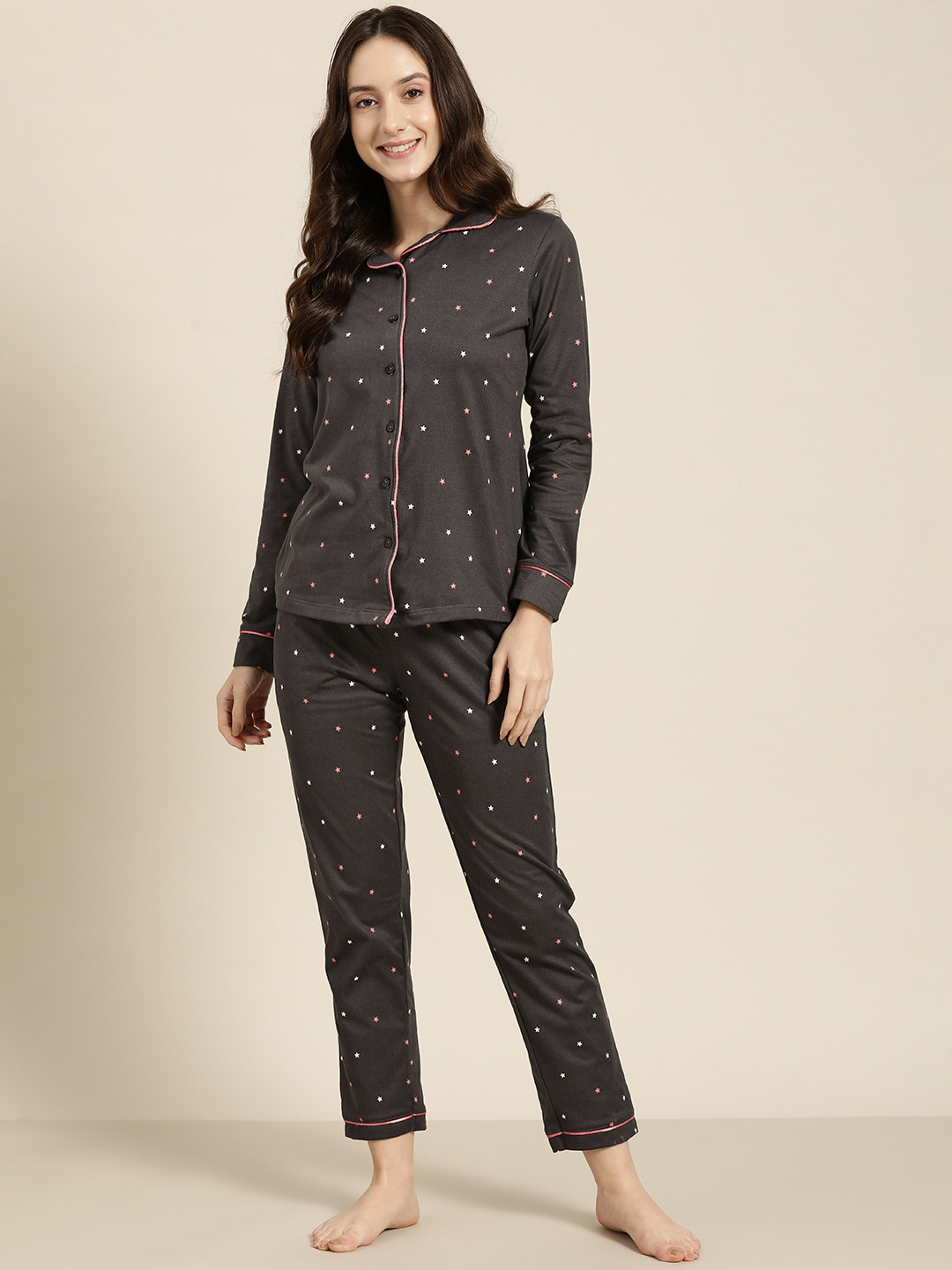 

Sweet Dreams Women Charcoal Grey & Pink Printed Night suit