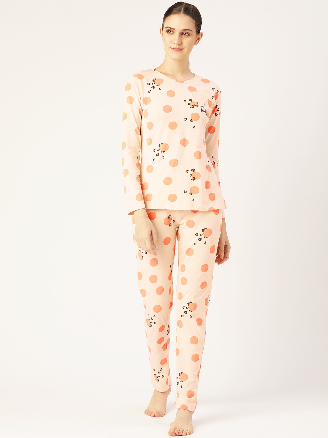 

Sweet Dreams Women Cream-Coloured & Peach-Coloured Printed Pure Cotton Pyjama Set