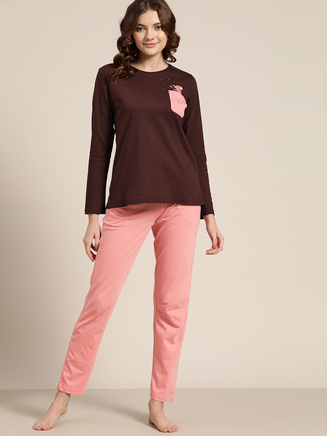 

Sweet Dreams Women Brown & Peach-Coloured Solid Pyjama Set