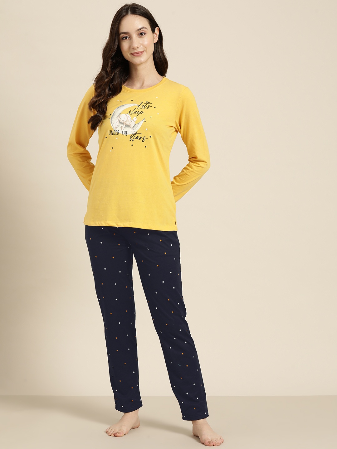 

Sweet Dreams Women Mustard Yellow & Navy Blue Printed Pyjama Set