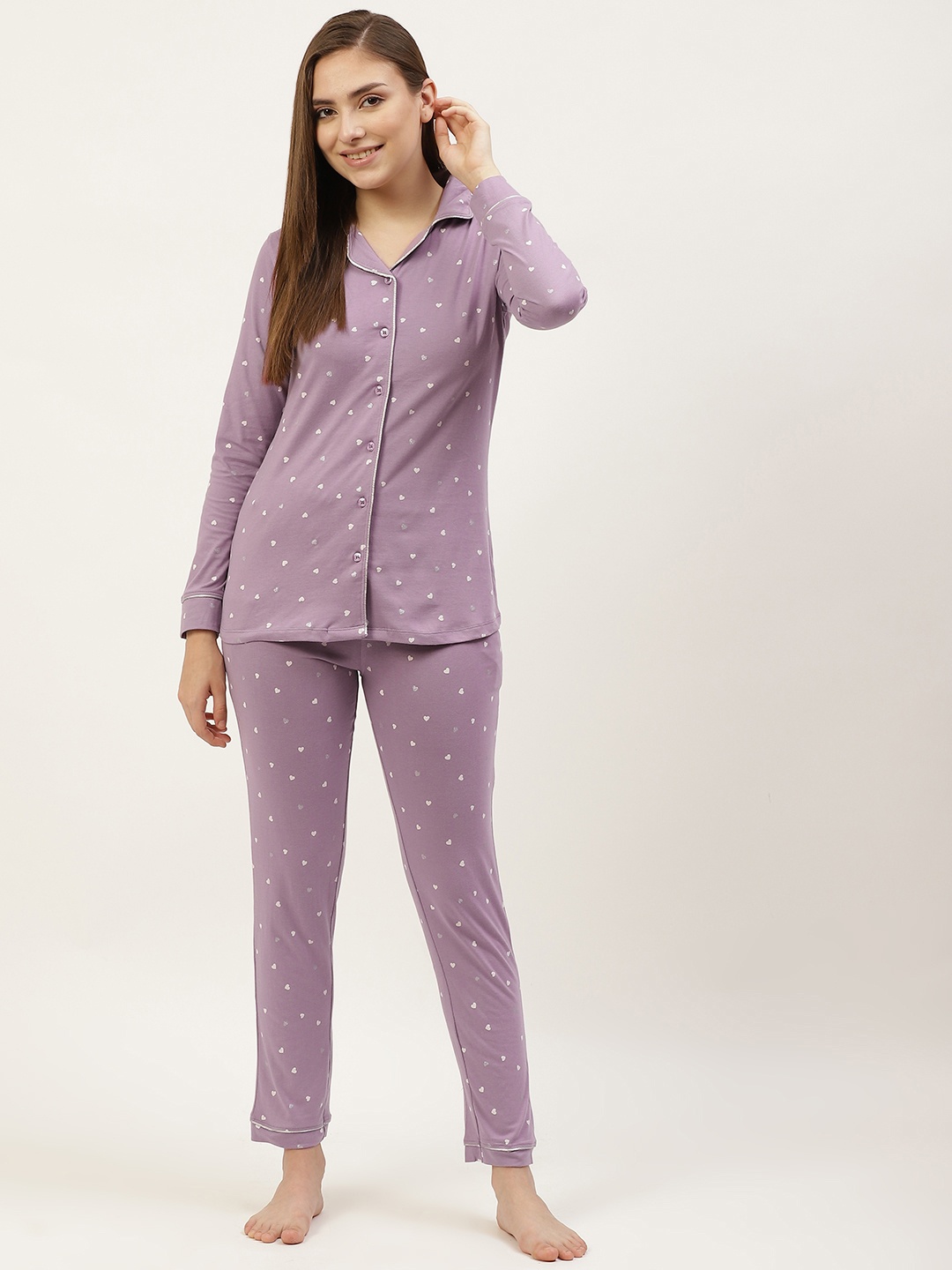 

Sweet Dreams Women Lavender & White Printed Night suit