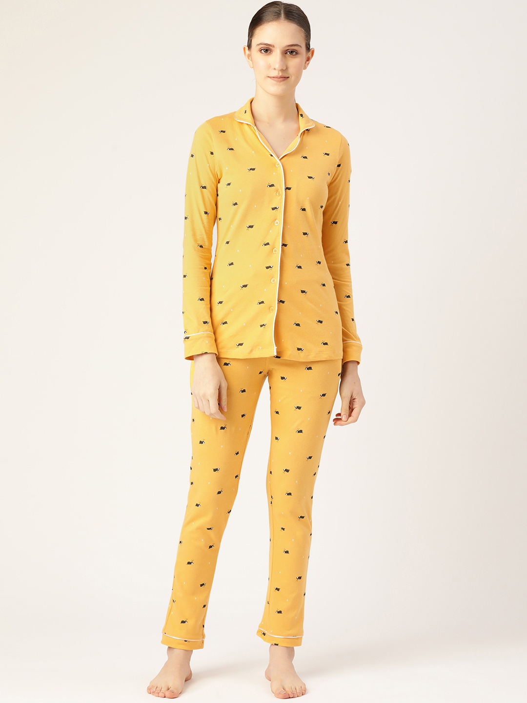 

Sweet Dreams Women Mustard Yelloe & Black Printed Pure Cotton Pyjama Set