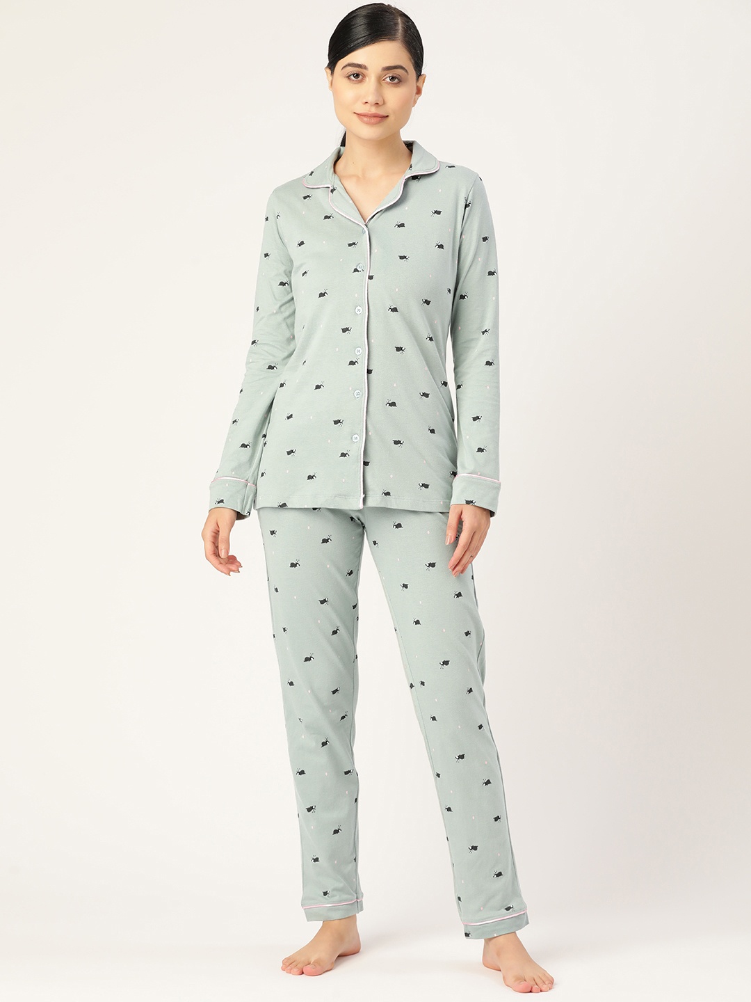 

Sweet Dreams Women Green & Black Printed Pure Cotton Pyjama Set