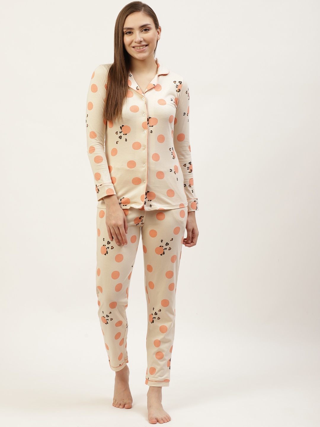 

Sweet Dreams Women Beige & Peach-Coloured Pure Cotton Geometric Printed Pyjama Set