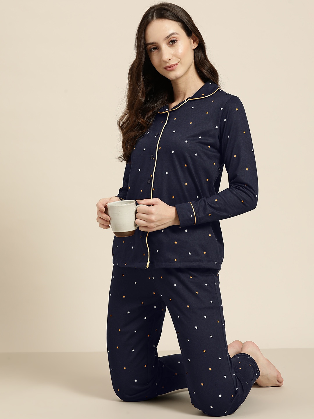 

Sweet Dreams Women Navy Blue Printed Pyjama Set