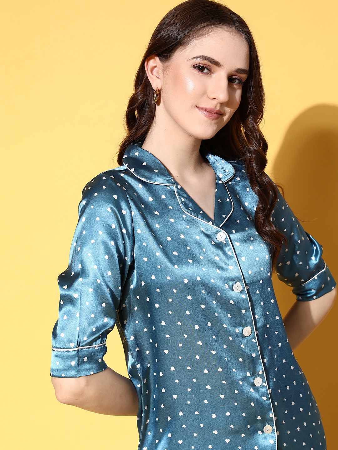 

Sweet Dreams Women Teal Conversational Slumber Together Satin Set Night Suit
