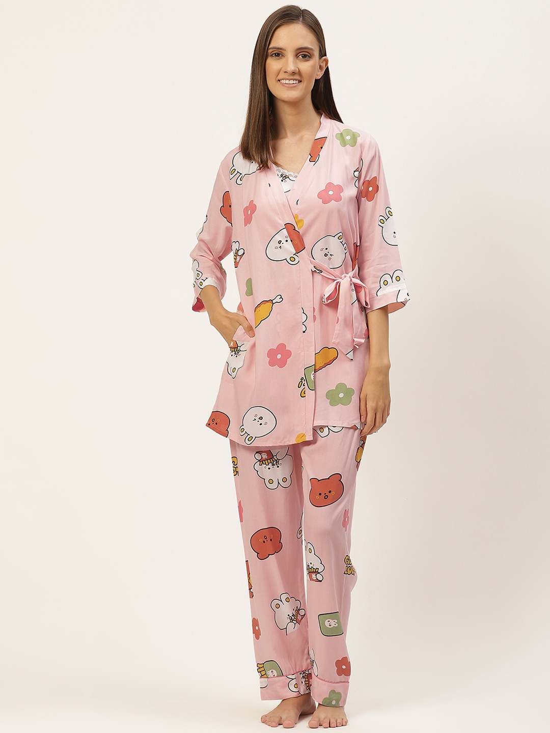 

Sweet Dreams Women Peach-Coloured Printed 3-Piece Nightsuit