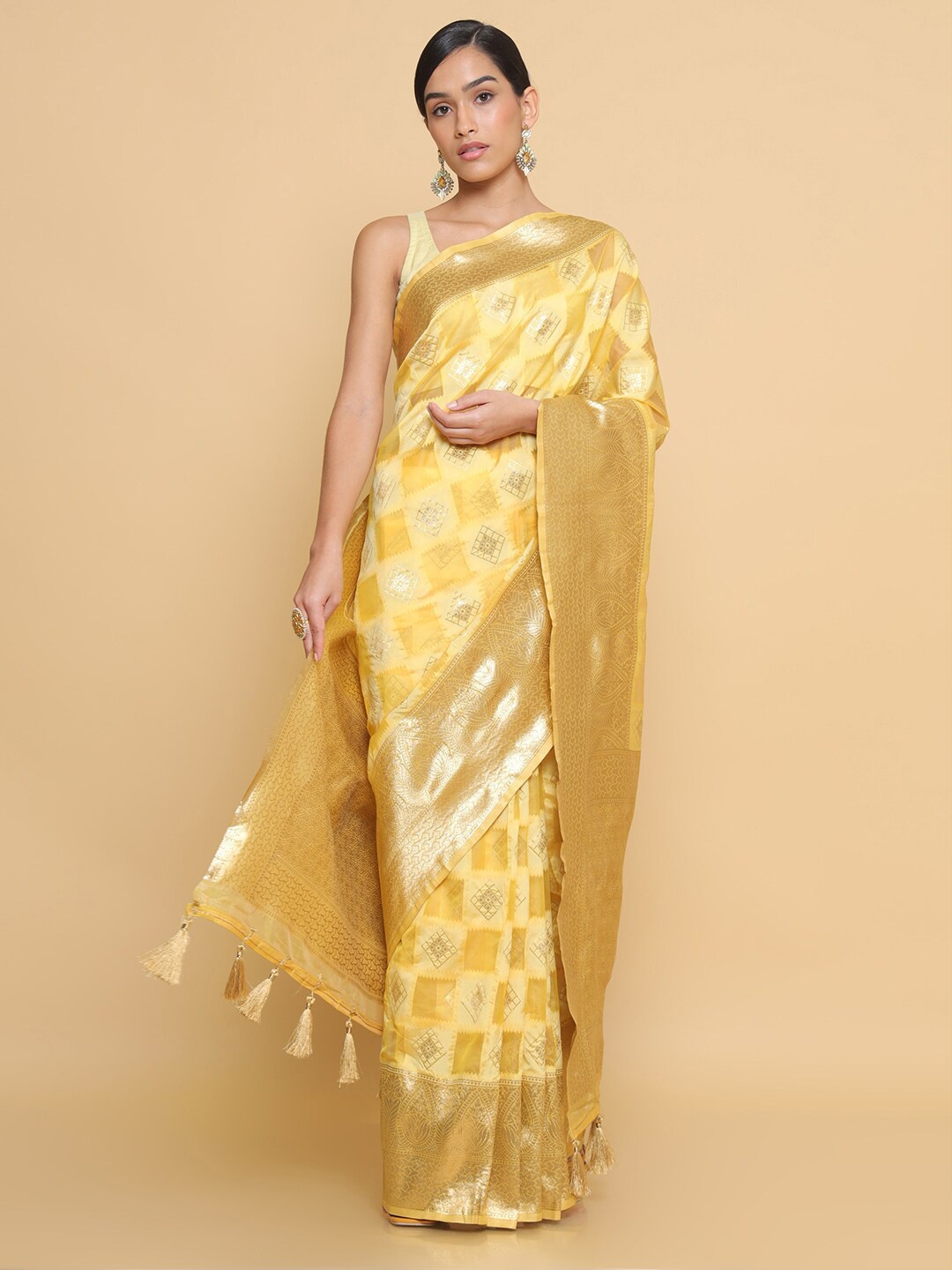 

Soch Yellow & Gold-Toned Woven Design Zari Organza Saree