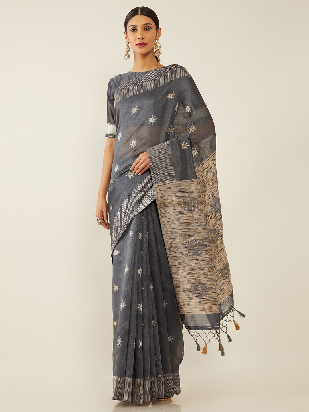 

Soch Grey & Cream-Coloured Woven Design Zari Art Silk Chanderi Saree