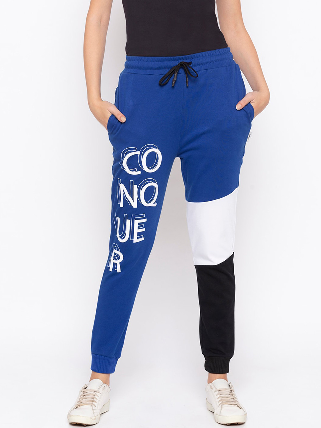 

Disrupt Women Blue, White and Black Colorblocked Cotton Joggers